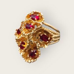 Vintage Gold Filigree Cocktail Ring with Red Stones